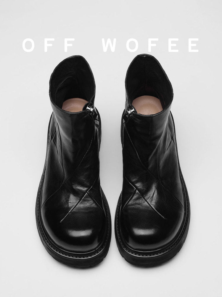 Botas Martin plissadas em pele de cavalo lavada em pele de cavalo, botas Martin plissadas de dedo grande, biqueira preta com plataforma elevada, botins masculinos e femininos