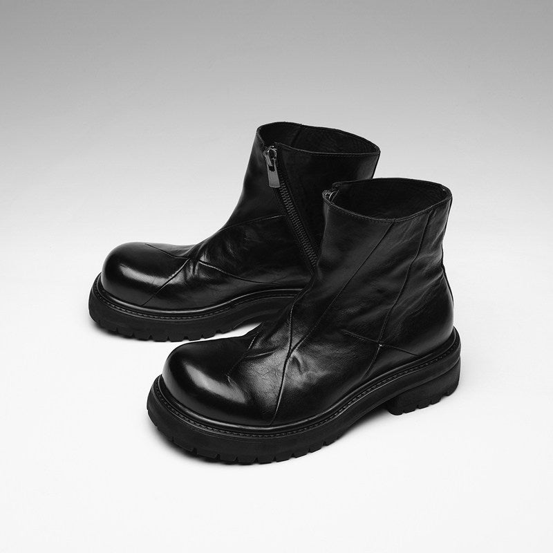 Botas Martin plissadas em pele de cavalo lavada em pele de cavalo, botas Martin plissadas de dedo grande, biqueira preta com plataforma elevada, botins masculinos e femininos